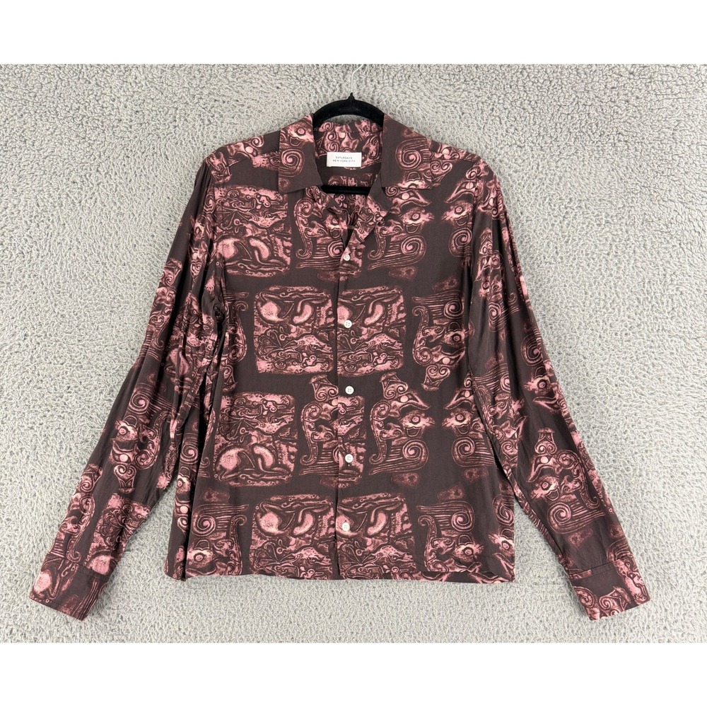 Saturdays NYC Mens M Burgundy Abstract Print Viscose Long Sleeve Button Up Shirt